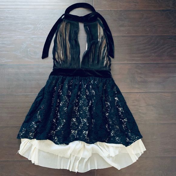 ASOS Petite Black & Cream Sheer Lace Open Back Halter Top Prom Dress | Size: 6/8 - Picture 1 of 11